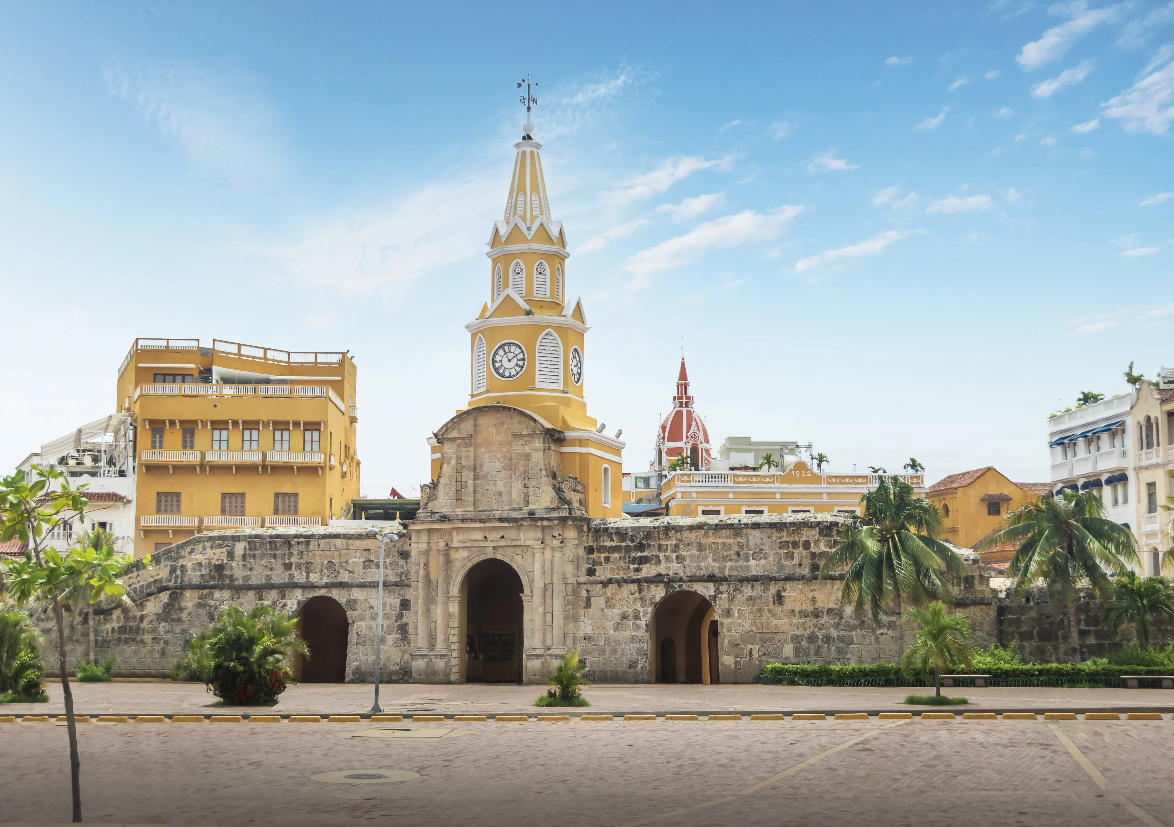 The Torre del Reloj clock tower gate, main entrance to Cartagena's walled Old City, in warm afternoon light