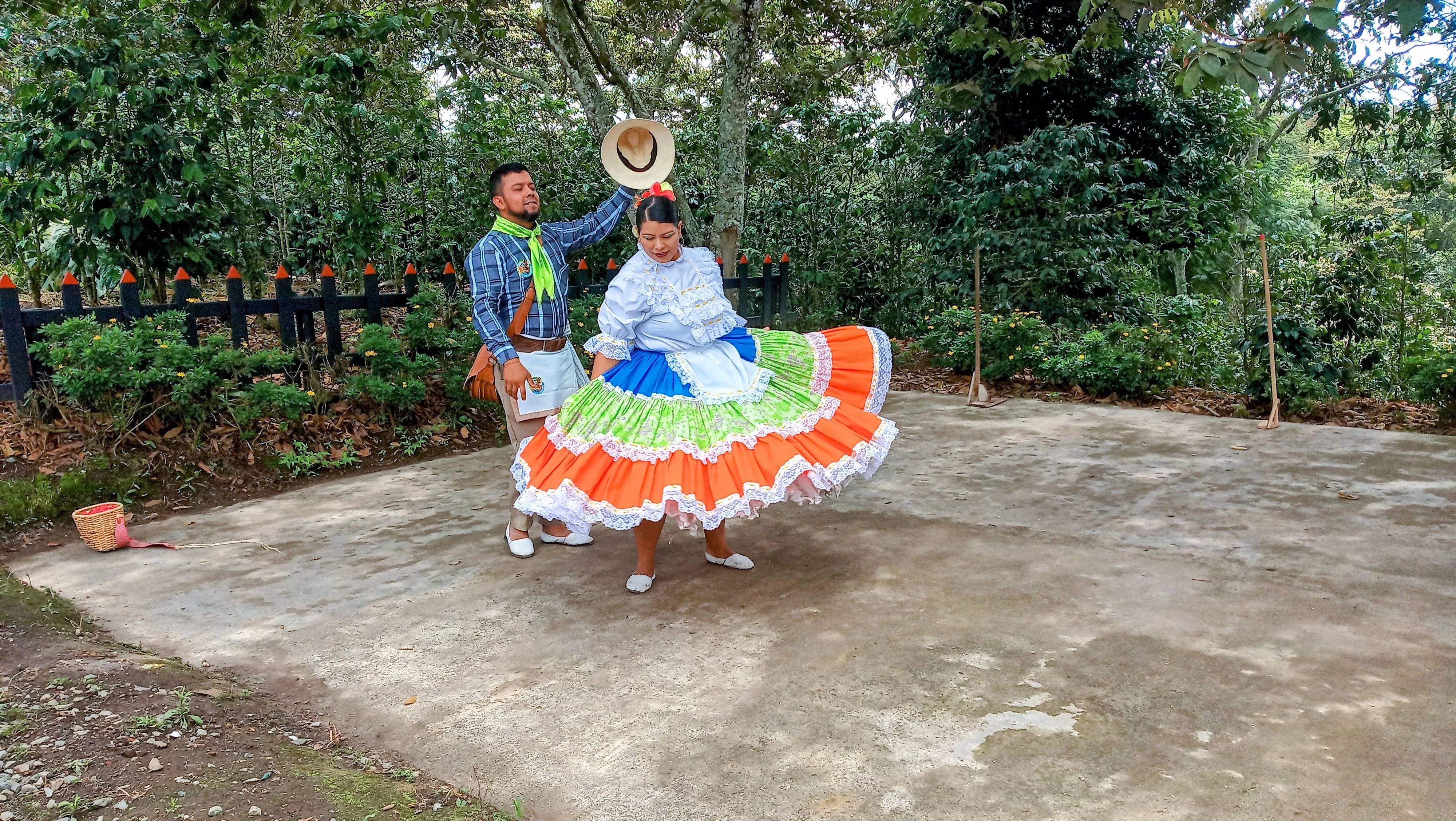 A couple in traditional dress dancing on a coffee farm, with coffee bushes behind them