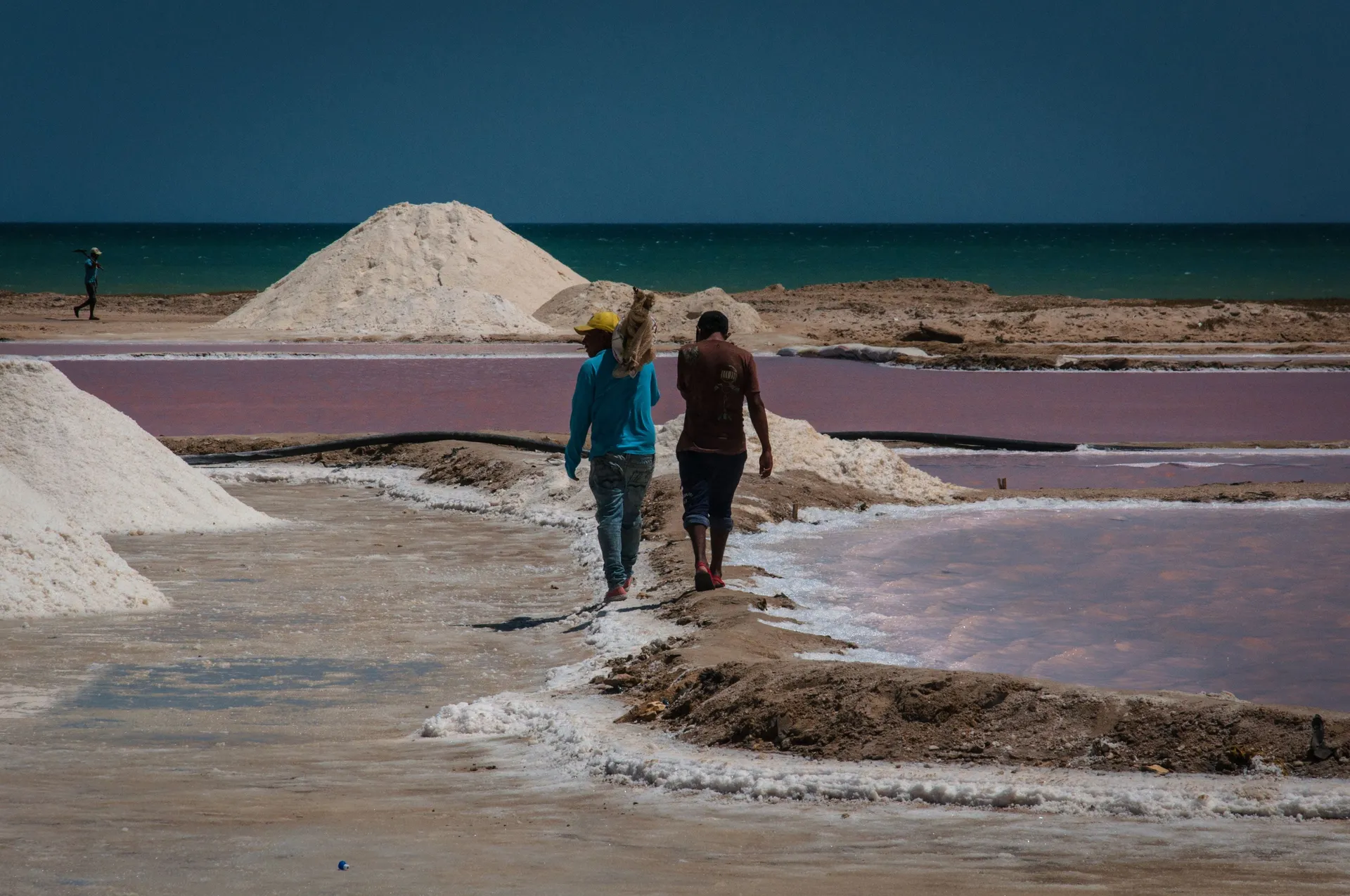 Workers walking past pink salt pans near Manaure in La Guajira, Colombia