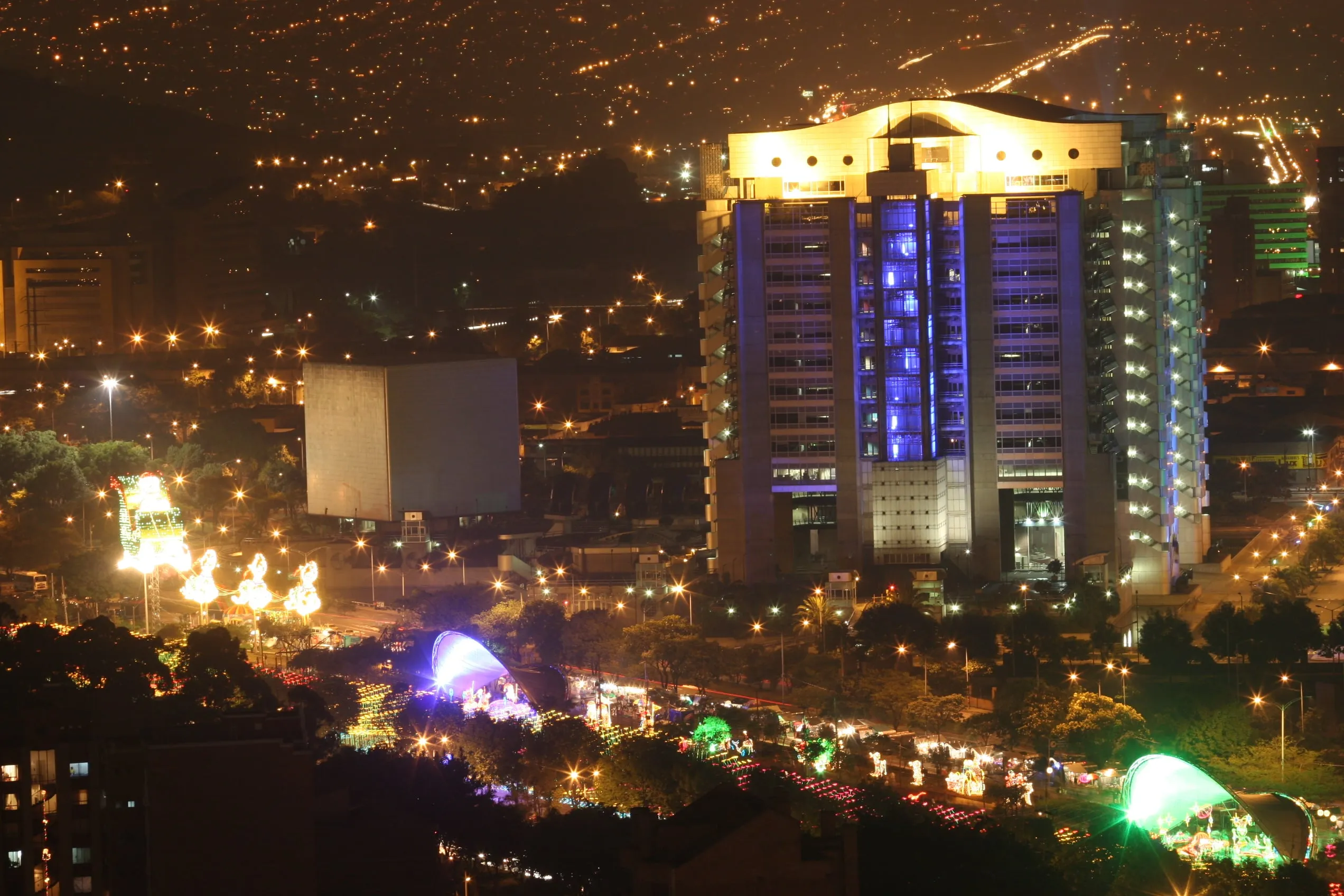 Christmas lights illuminating Medellín