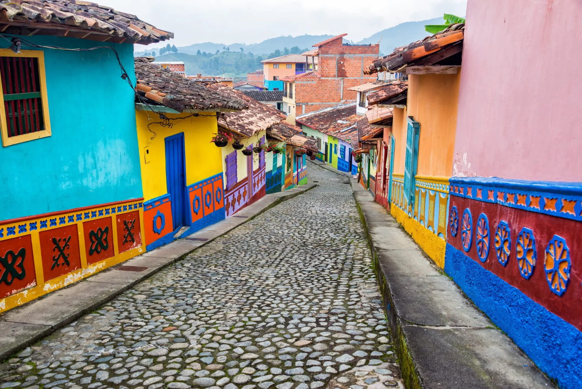 Colorful colonial street in a Colombian town
