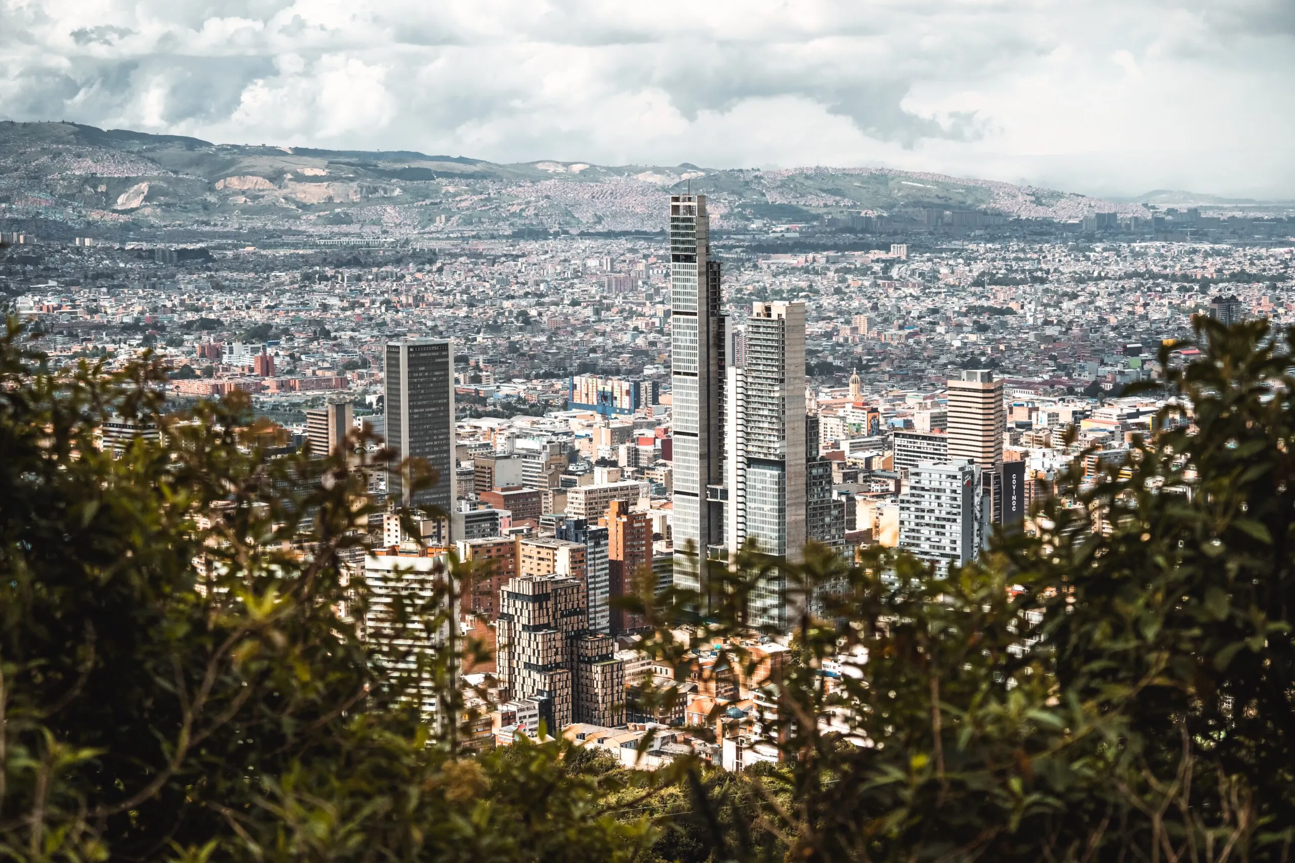 Bogotá's skyscrapers viewed from the surrounding green hills